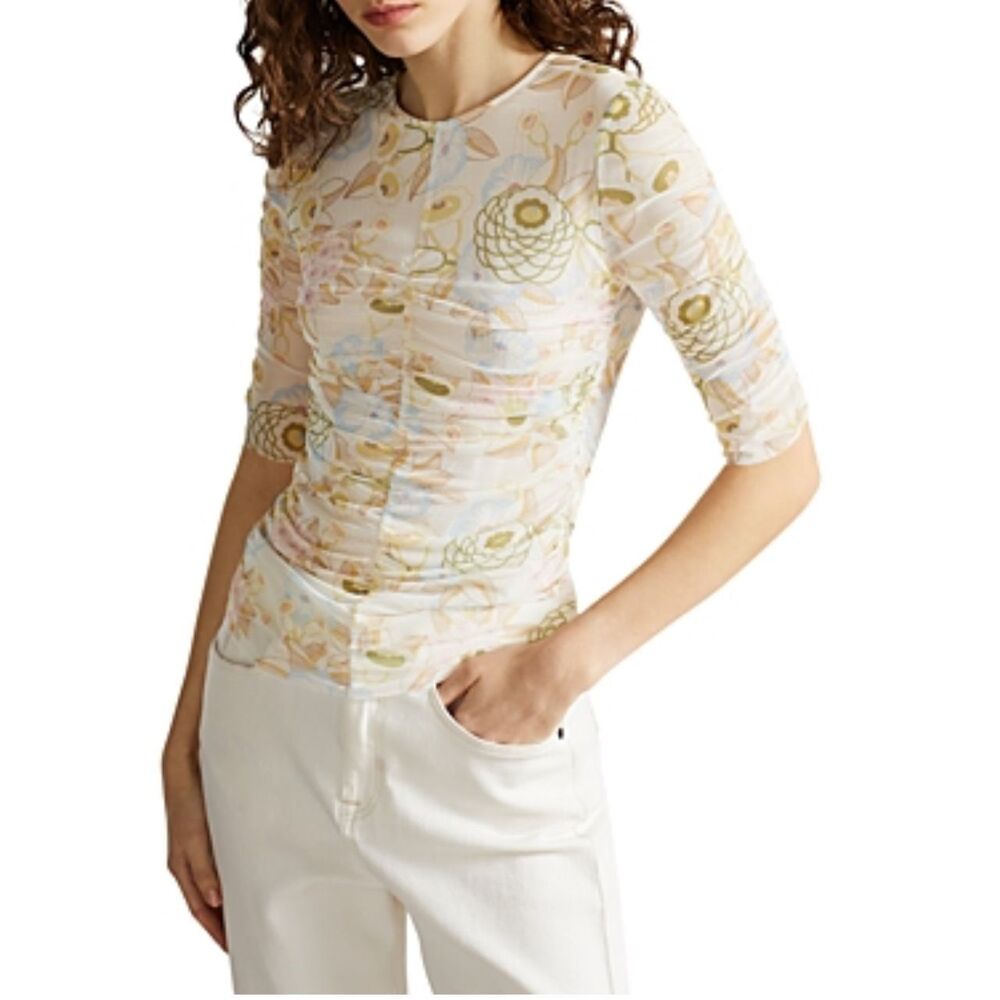 Ted Baker Allaba Floral Print Ruched Tee In Light Yellow Size 0
